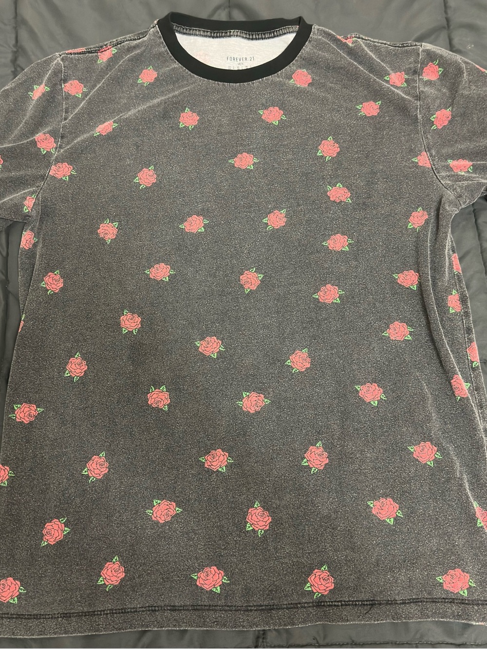Forever 21 Black Tee with Red Rose Print